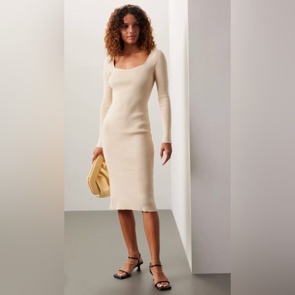 Area Stars Ivory Long Sleeve Sweetheart Midi Dress Size Small NWT